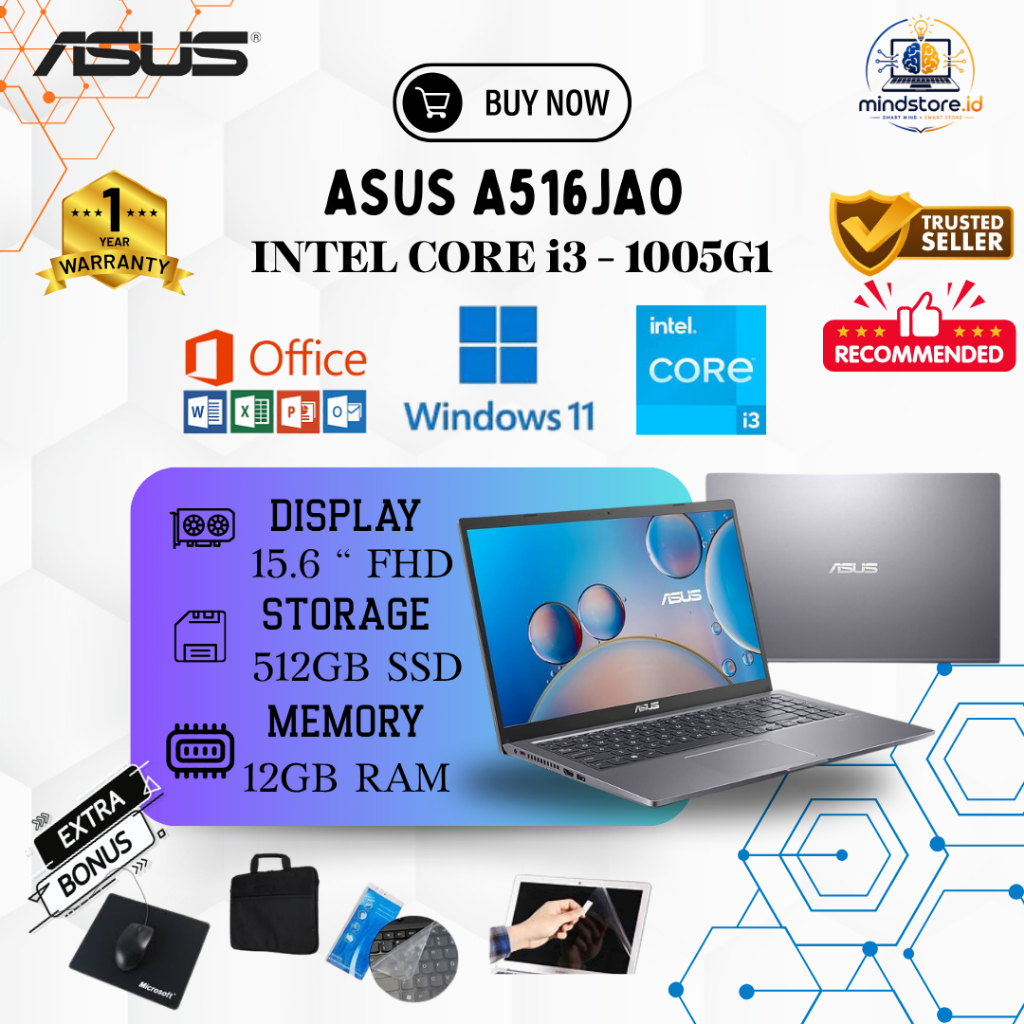 ASUS VIVOBOOK 15 A516JAO [ INTEL CORE i3 - 1005G1 ] RAM 12 GB SSD 512 | WINDOWS 11 | 15'6" FHD