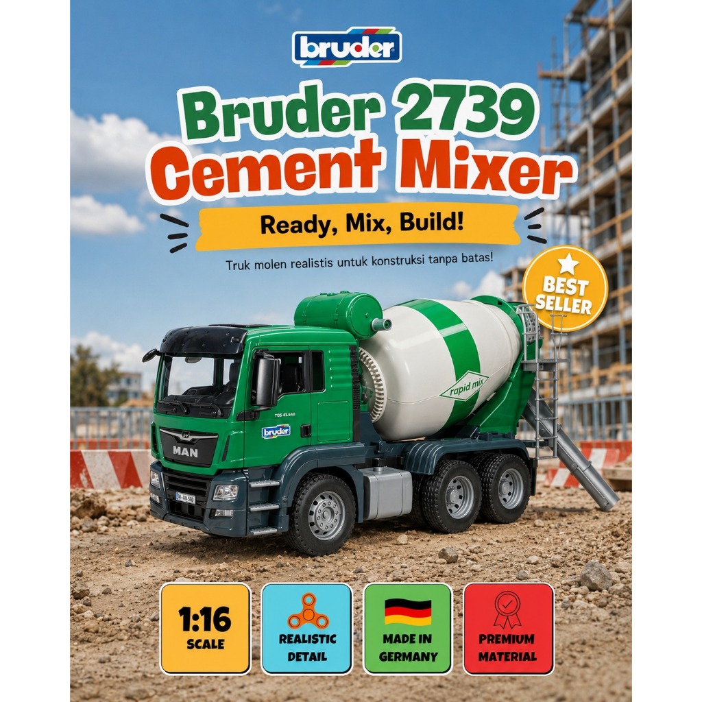 Bruder 2739 MAN TGA Cement - Mainan Miniatur Truk Molen Pengaduk Semen