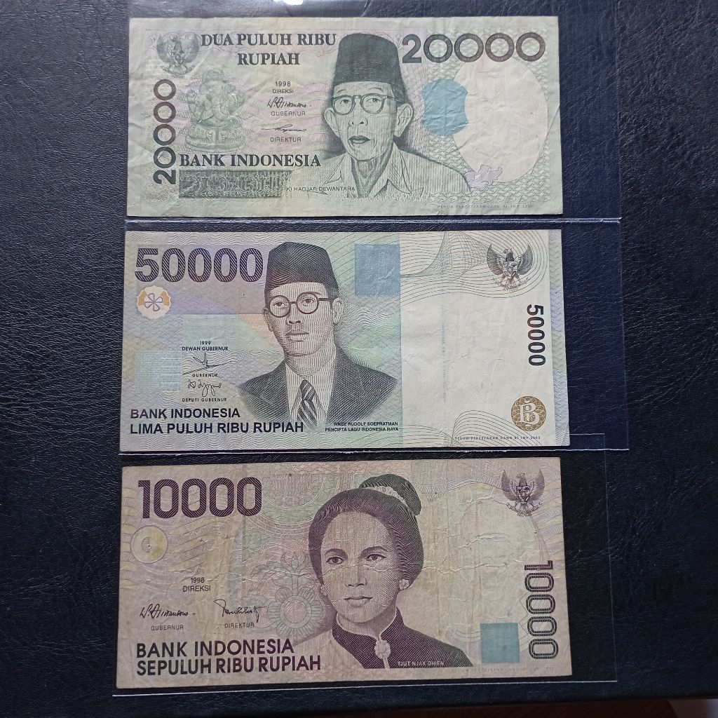 3 lembar uang kertas indonesia 10rb+20rb+50rb bekas asli