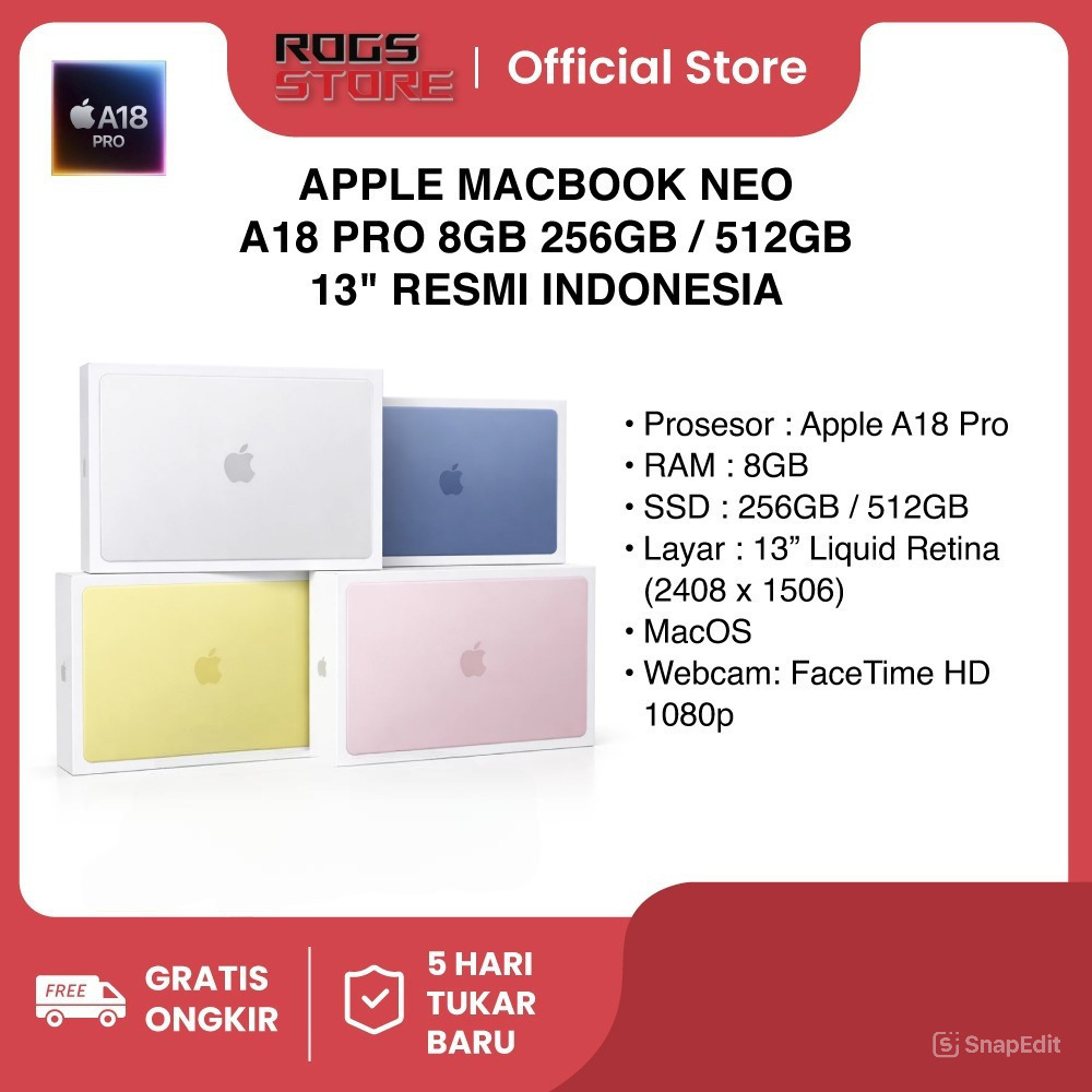 APPLE MACBOOK NEO 13 A18 PRO 6C CPU 8GB 256GB / 512GB 13" RESMI INDONESIA