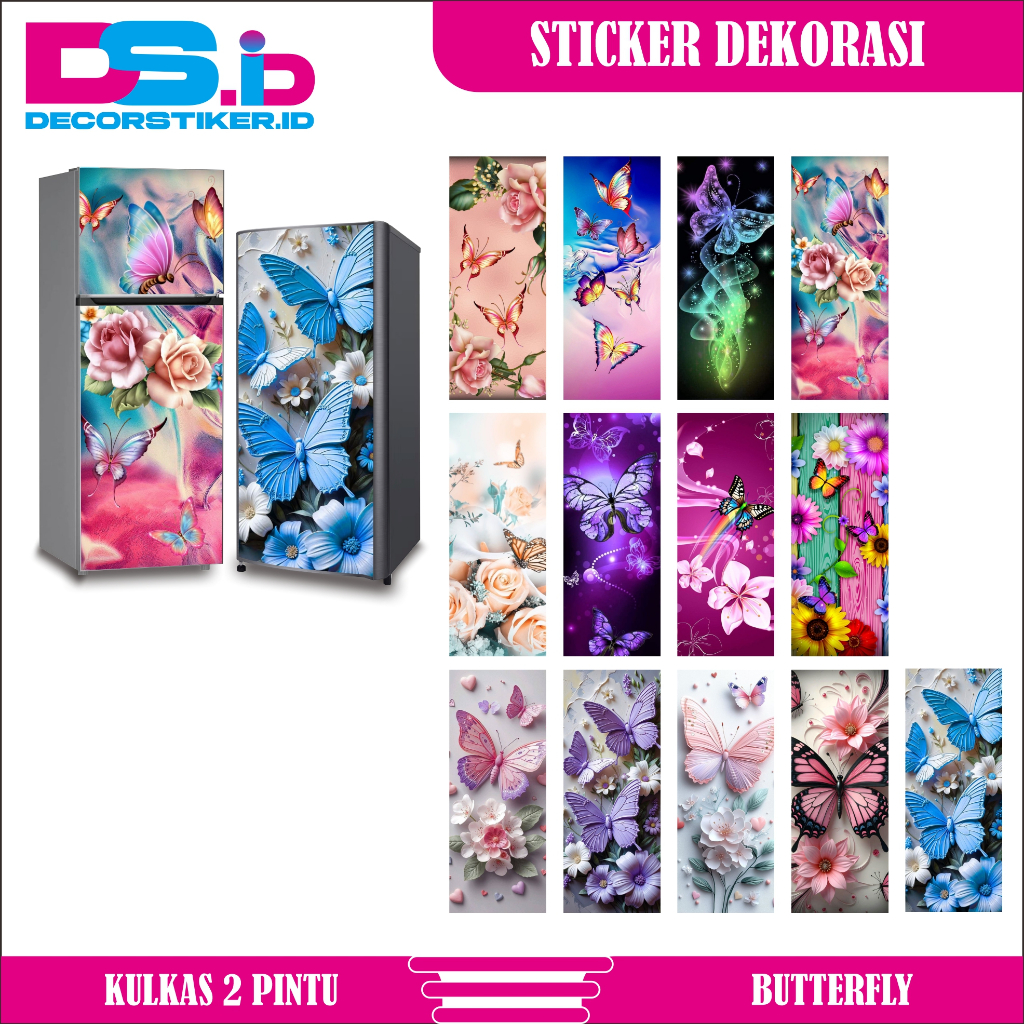 STIKER KULKAS 1 PINTU DAN 2 PINTU STICKER MOTIF KUPU-KUPU BUTTERFLY AESTHETIC LUCU WALLPAPER LUCU SU