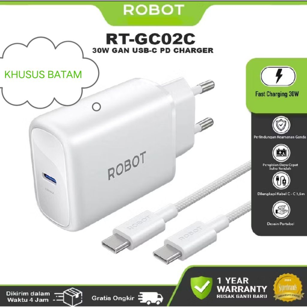 robot 30w GaN  fast charger include cable 150cm ROBOT RT-GC02C Charger GaN Super Fast Charging USB-C