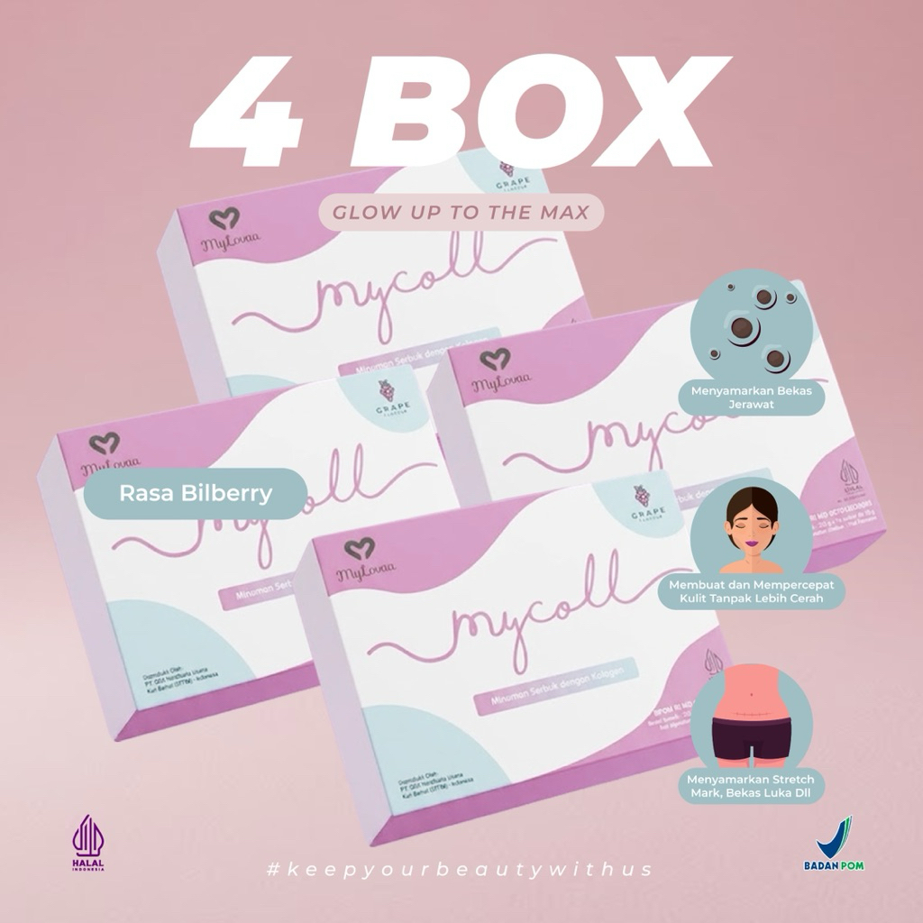 Paket 4 Box MyColl Collagen Drink by Mylovaa Skincare | Minuman Kolagen pencerah, Anti Aging | Kulit