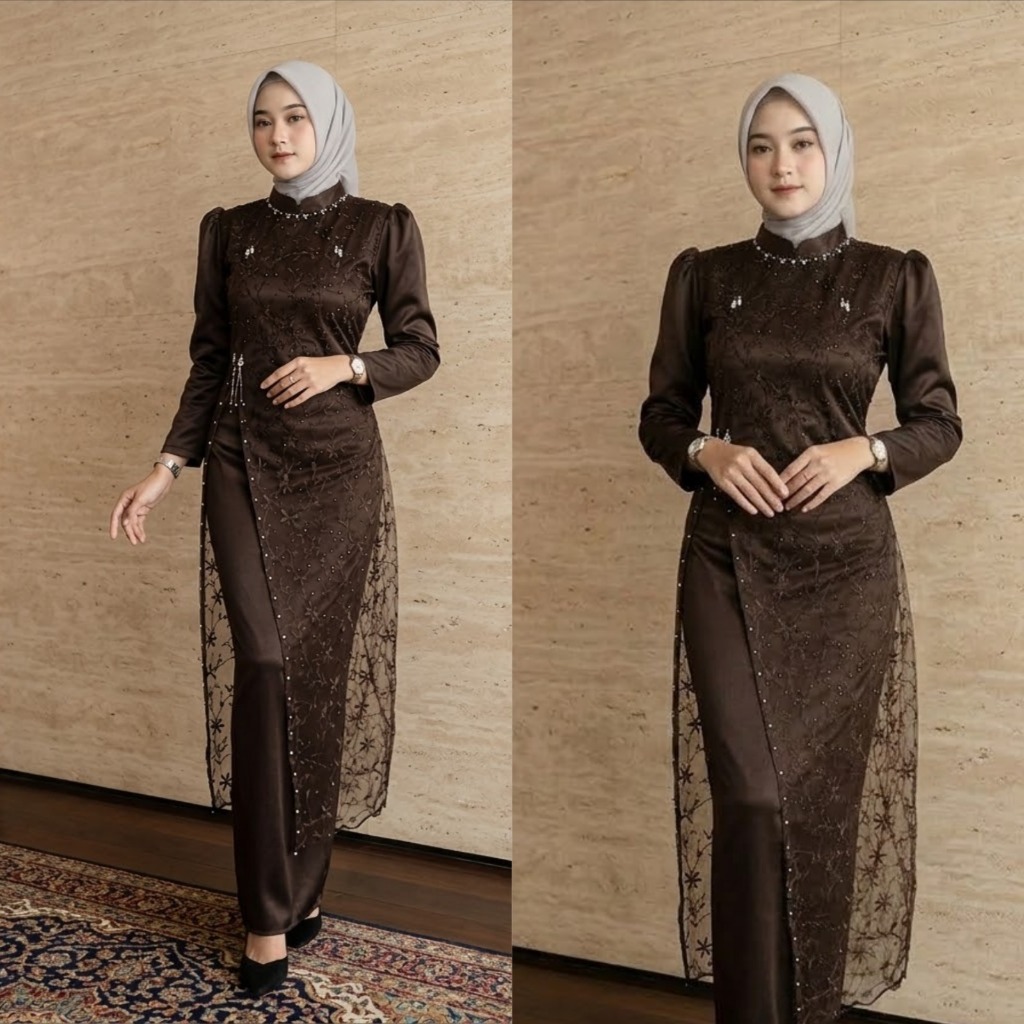 Special Floreta Dress Mahogany Burgundy Satin Brokat Full Payet Mutiara