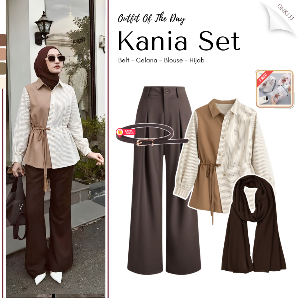 Kania Set 3 in 1 ( Kemeja Salur + Celana + Pashmina ) Setelan Hijab Wanita Elegan Look - GNK133