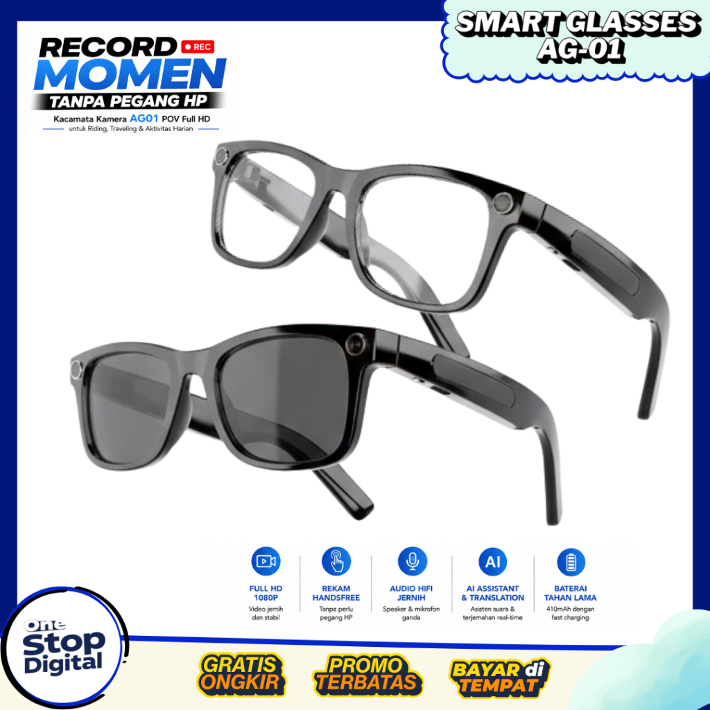 Smart Glasses AI AG01 Kacamata Kamera POV HD 1080P Audio HiFi Rekam Video Handsfree Bluetooth AI