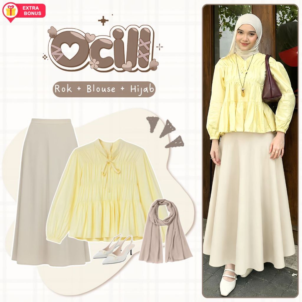 oneset 3in1 - Blouse Mireya + Rok Joda Scuba  + Hijab Pasmina Jersey | ootd outfit cewek wanita anak