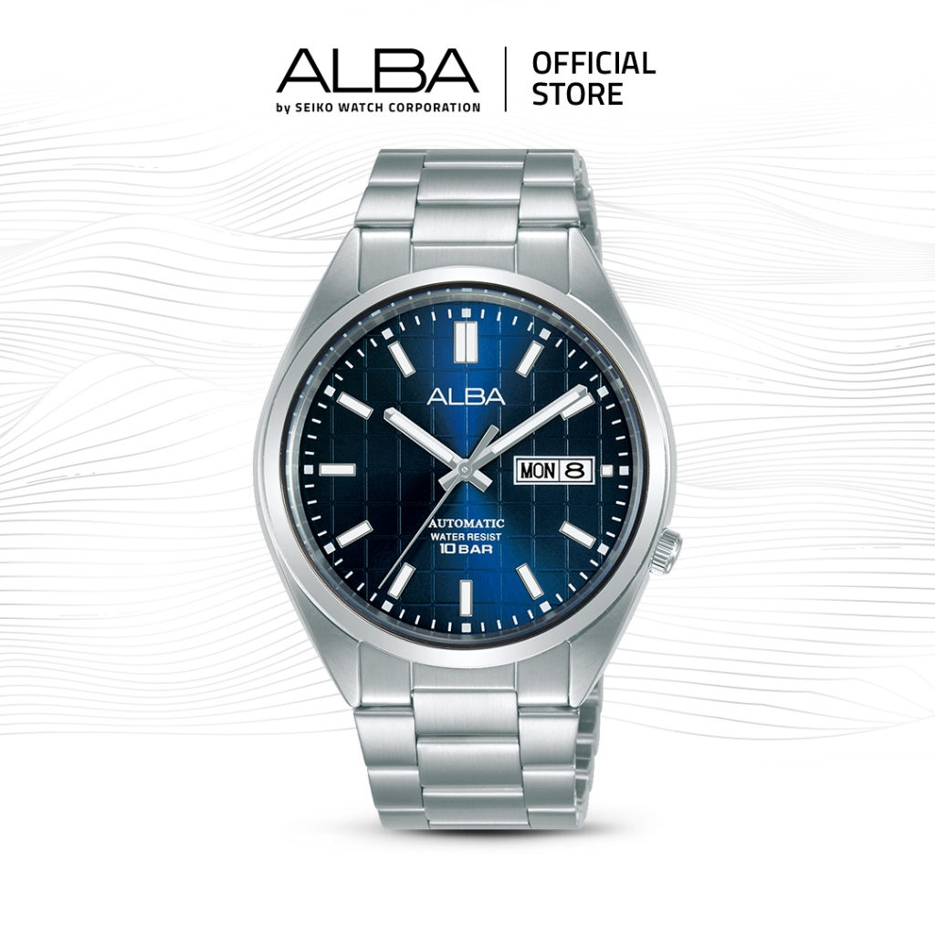 Alba Mechanical Jam Tangan Pria AL4317 / AL4317X1 Automatic Blue Patterned Dial Stainless Strap Watc