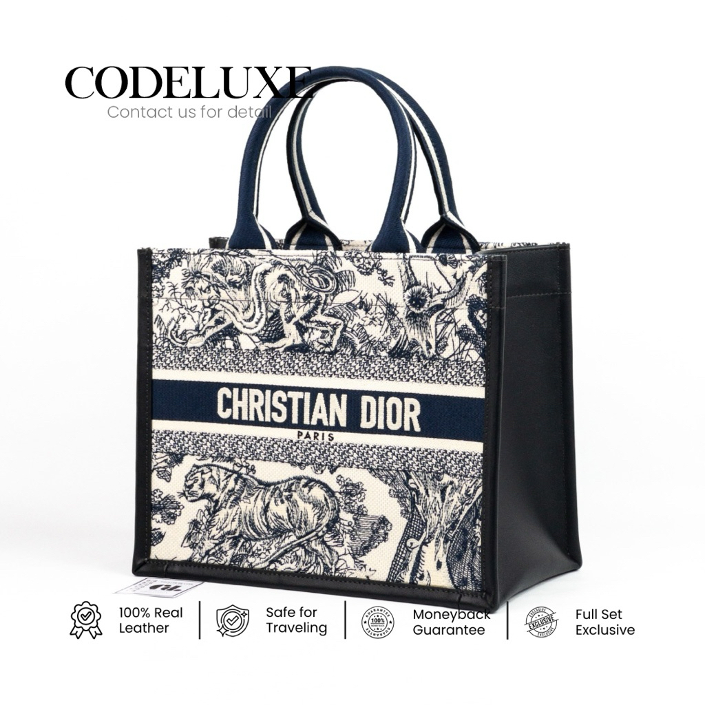 [CODELUXE] Small Dior Book Tote Cotton & Toile De Jouy Reverse Calfskin Leather Blue and Ecru