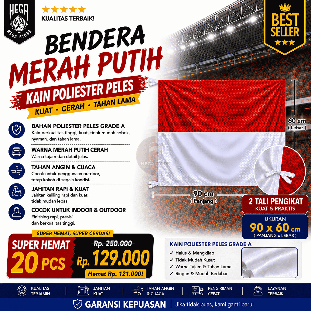 (20pcs) Bendera Merah Putih 90×60 cm – Kain Satin Peles Tebal, Tali Pengikat – untuk Tiang Rumah & U