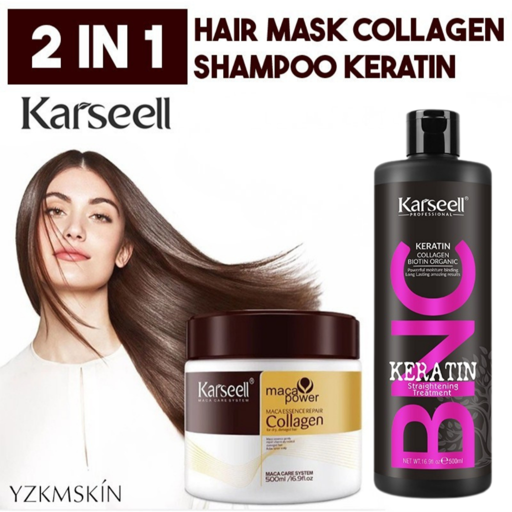 YZKMSKIN - Paket 2 IN 1 KARSEELL Shampoo BNC Smooth Keratin 500ML & Hair Mask Maca Power Collagen Sm