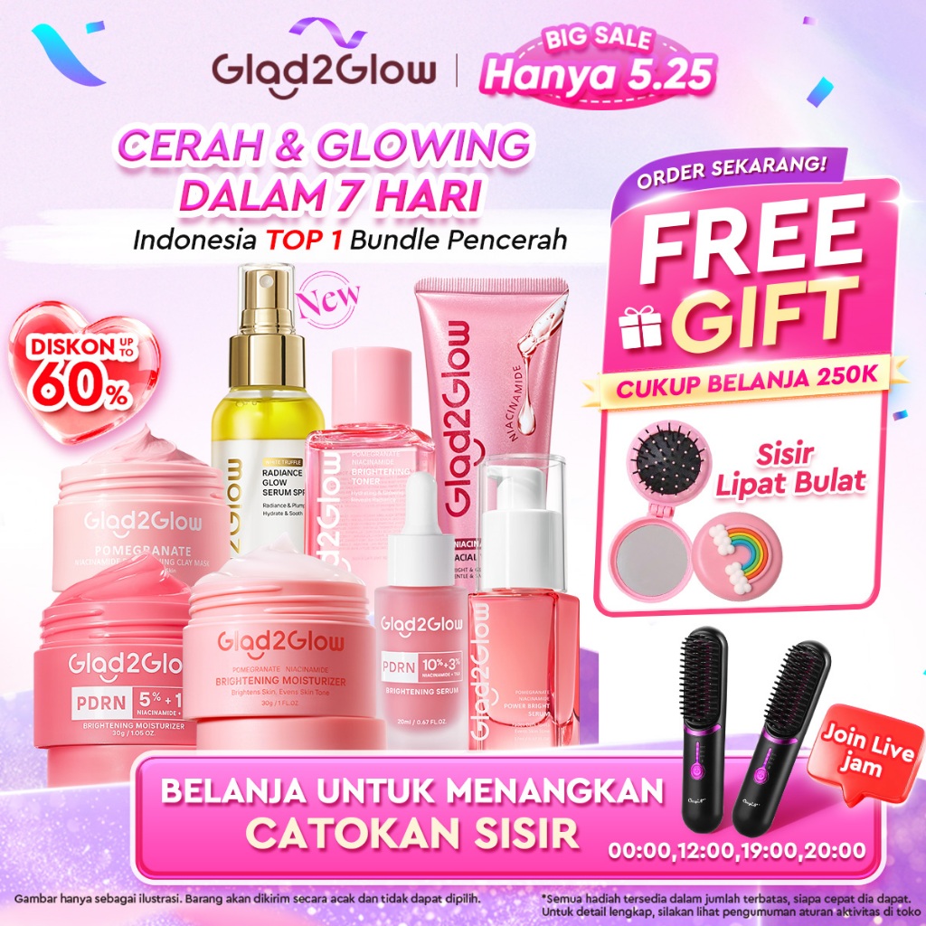 [Cocok Untuk Pemula]Glad2Glow Cerah Glowing Bundle all in 1 7in1-Brightening Moisturizer+Serum+Clean