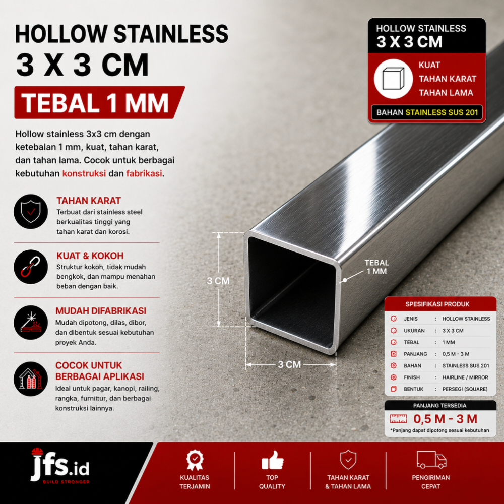 Hollow Stainless 3x3 cm Tebal 1mm | Pipa Kotak Stenlis