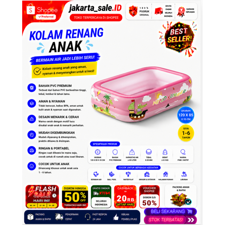 KOLAM RENANG ANAK 120CM KOTAK 2 RING RECTANGULAR / KOLAM ALAS GELEMBUNG WARNA BIRU DAN PINK