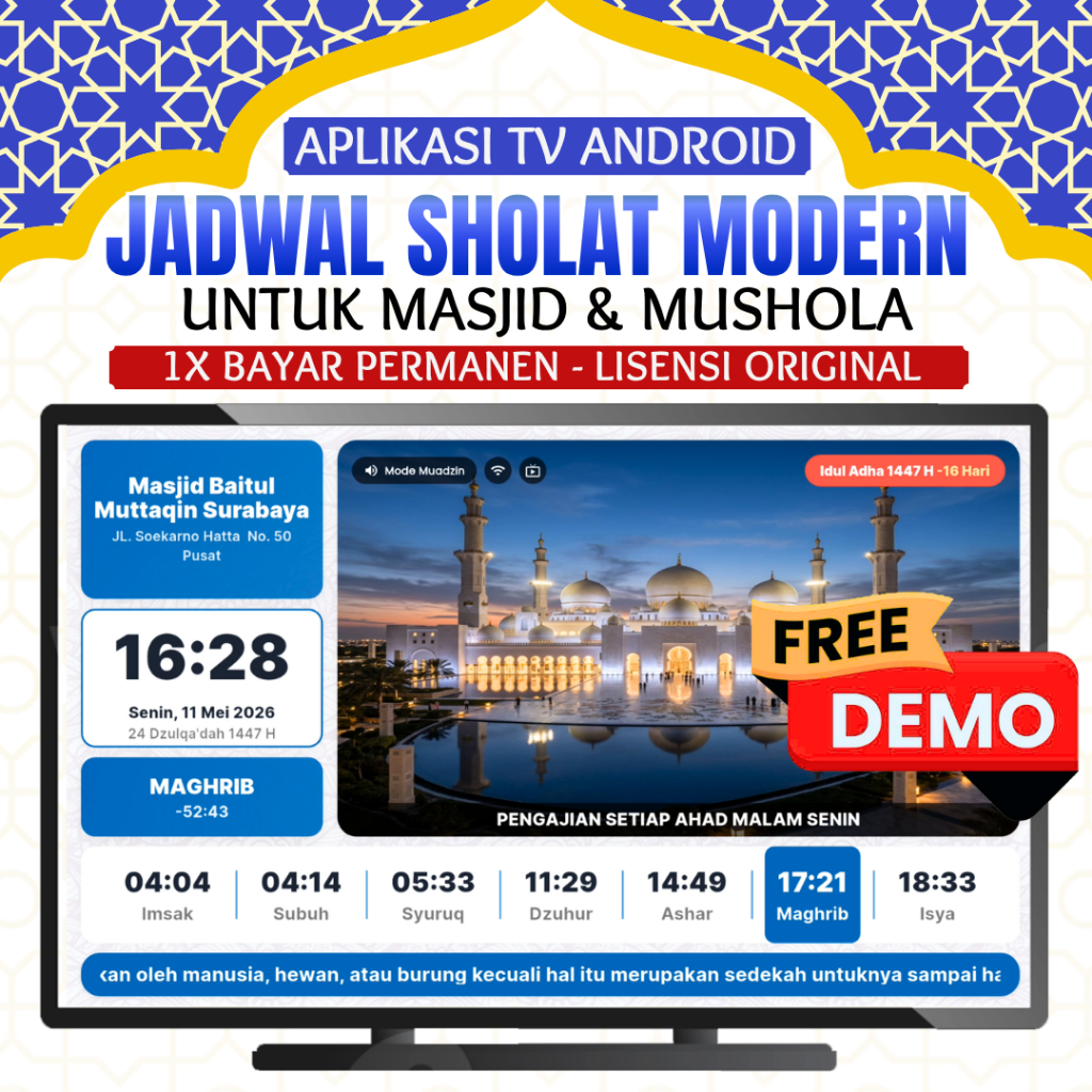Aplikasi Jadwal Sholat TV Digital Modern Android Masjid / Mushola Permanen - Tampilan Profesional Ba