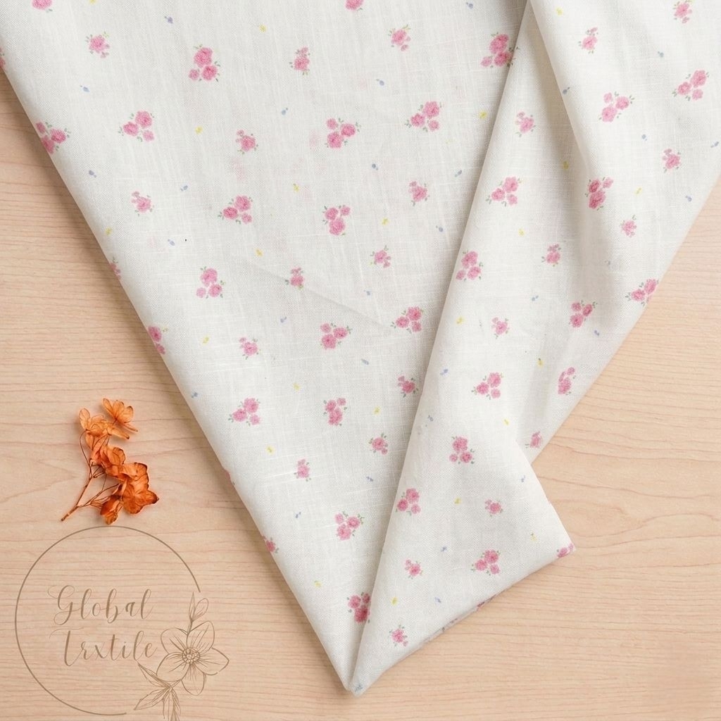 kain katun pure linen motif bunga kecil premium - kain pure linen original - kain katun linen style 