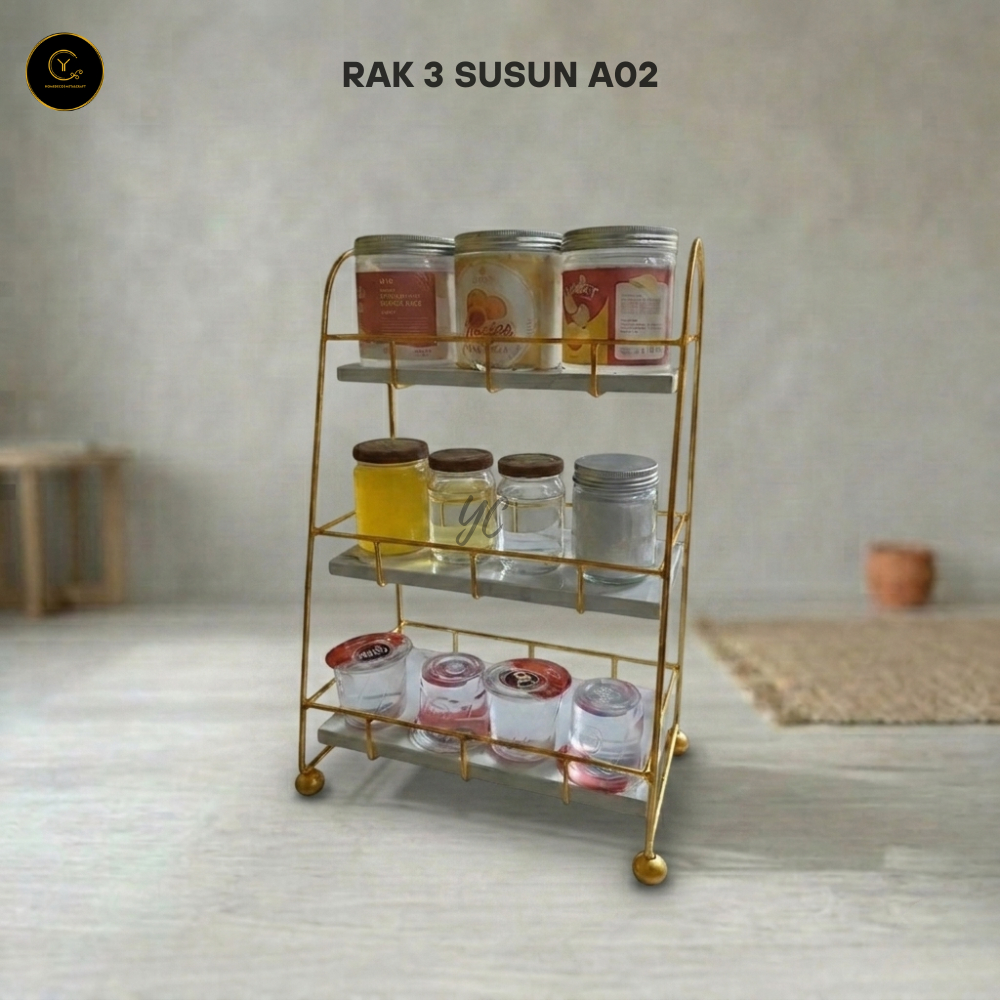 Yc Tatakan Kotak 3 Susun A02 Besi Serbaguna Rak Make Up Dapur Besi Gold