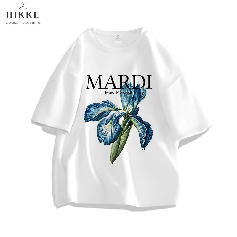 IHKKE Kaos Oversize Wanita | Bunga Iris Gaya Prancis Motif Desain Grafiti | Lengan Pendek Atasan Wan
