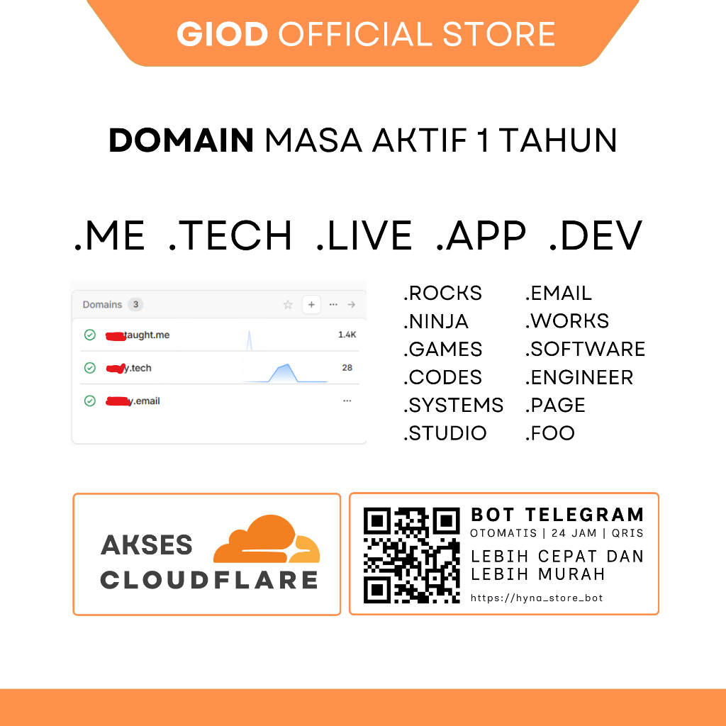 Domain Cloudflare 1 Tahun (.me .tech .live .dev .app dll)