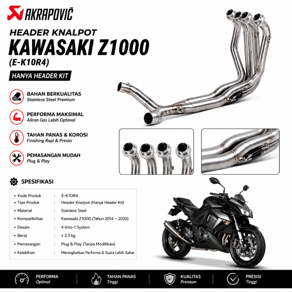 HEADER KNALPOT AKRAPOVIC KAWASAKI Z1000 (E-K10R4) (HANYA HEADER KIT)