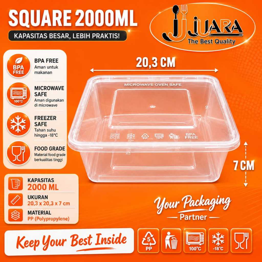 Thinwall Kotak Makan Plastik JJ JUARA 2000ml / 2500ml SQ Food Container / Box Microwave Persegi /