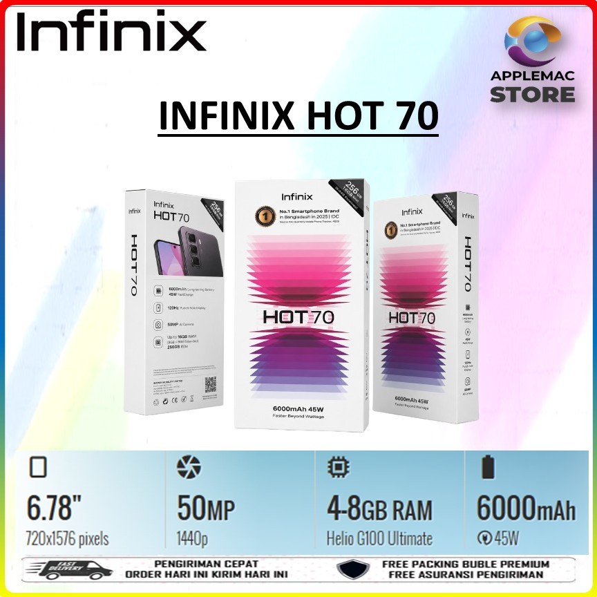 Infinix HOT 70 Mediatek Helio G100 RAM 6gb Storage 256gb Garansi Resmi