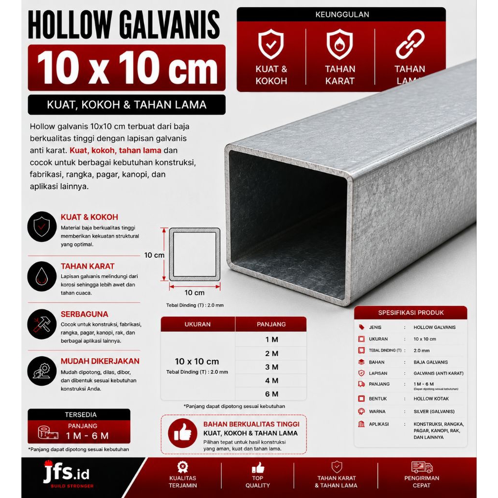 Besi Hollow Galvanis 10x10 cm Ketebalan 1,5 mm Real