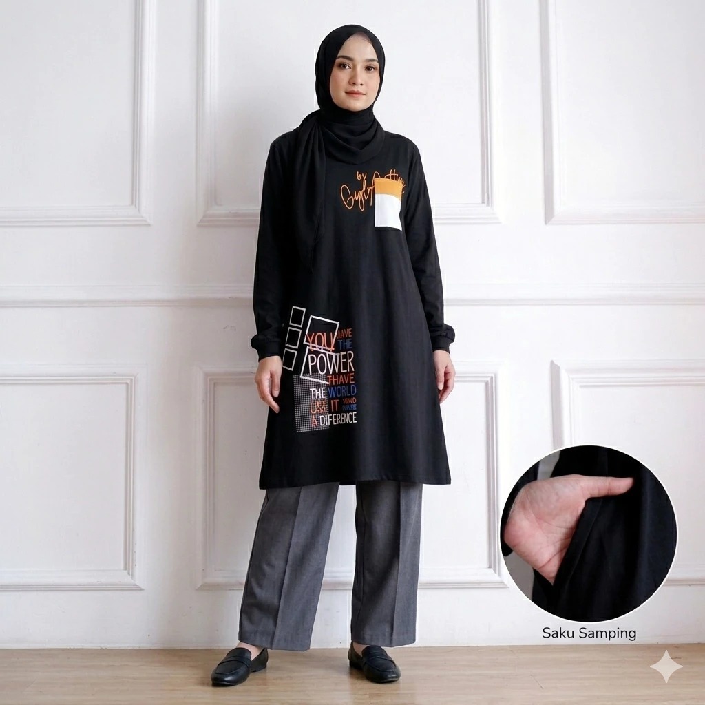 Atasan Wanita Lengan Panjang Power Tunik BO Size S M L XL XXL XXXL LD 90-130 CM Bahan Kaos Katun Com