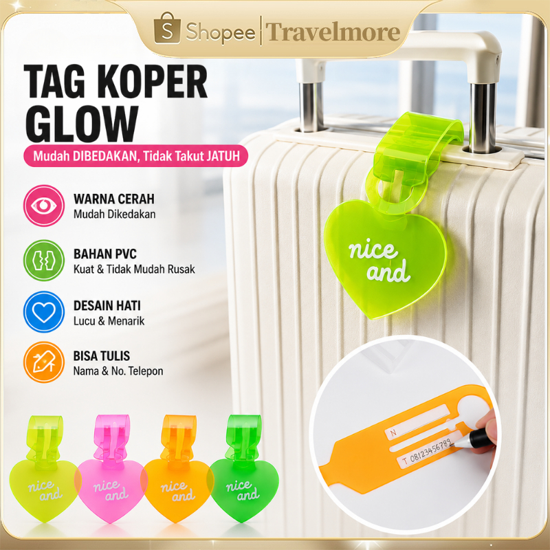 Tag Koper Glow Anti Hilang Bentuk Hati – Label Bagasi PVC Warna Neon Fluorescent Random Color untuk 