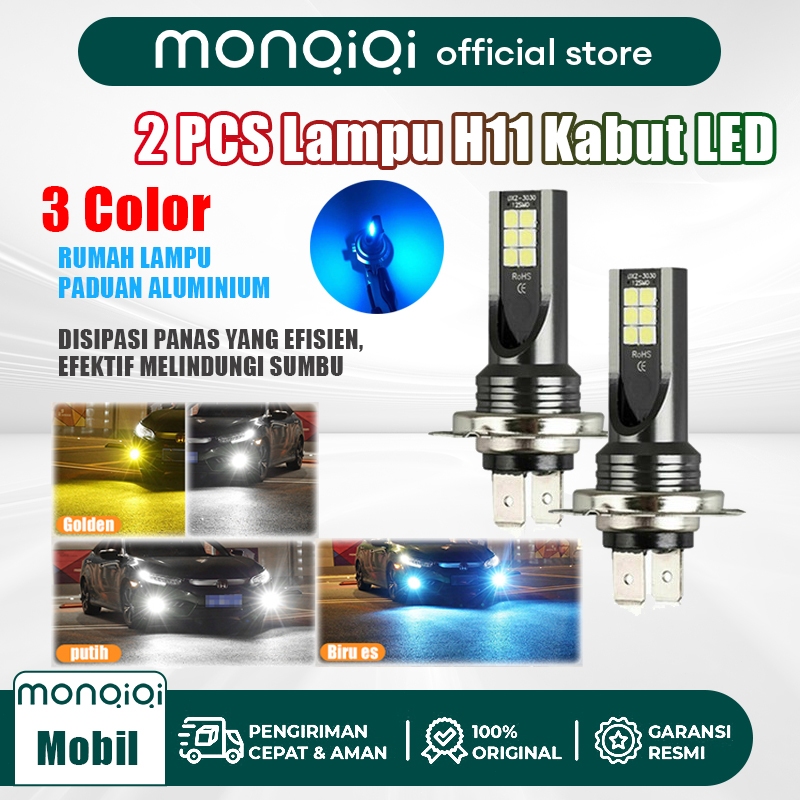 Monqiqi Foglamp Led Mobil 12-24V H11 Super Terang Foglamp Lampu LED 2Pcs 3 Color Putih/Kuning/Biru F
