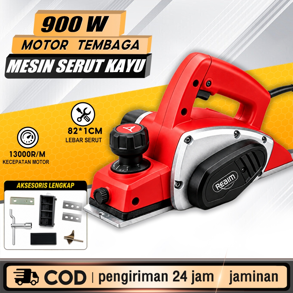 REAIM Mesin Serut Kayu 900W Pasah Kayu Listrik 82mm Planer Serut Mesin Kayu