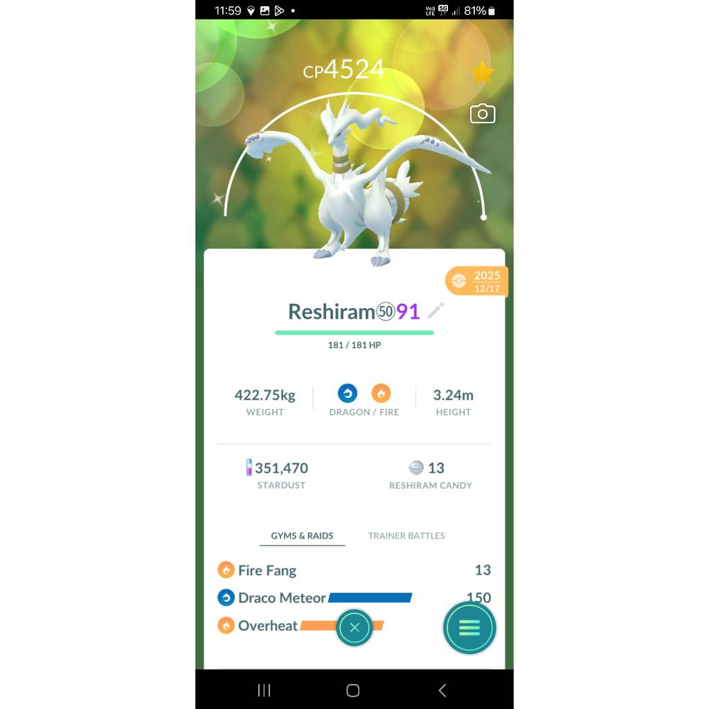 Pokemon GO - SHINY Reshiram Lv 50 - Legendary Pokemon