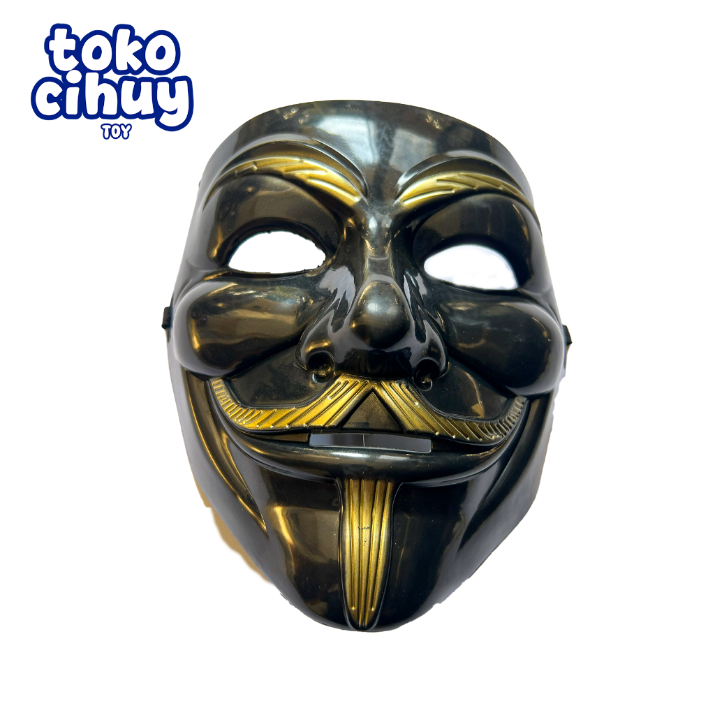Topeng Anonymous Hacker Murah / Mask V for Vendetta Hitam Gold Plastik / Aksesoris Kostum Pesta Hall
