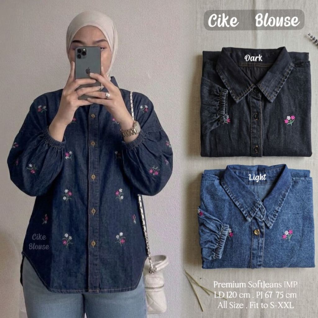 Mareta Blouse/Cike Blouse-Trend Kemeja Jeans Wanita Simple Modis.Blouse Jeans Bordir Muslimah Friend