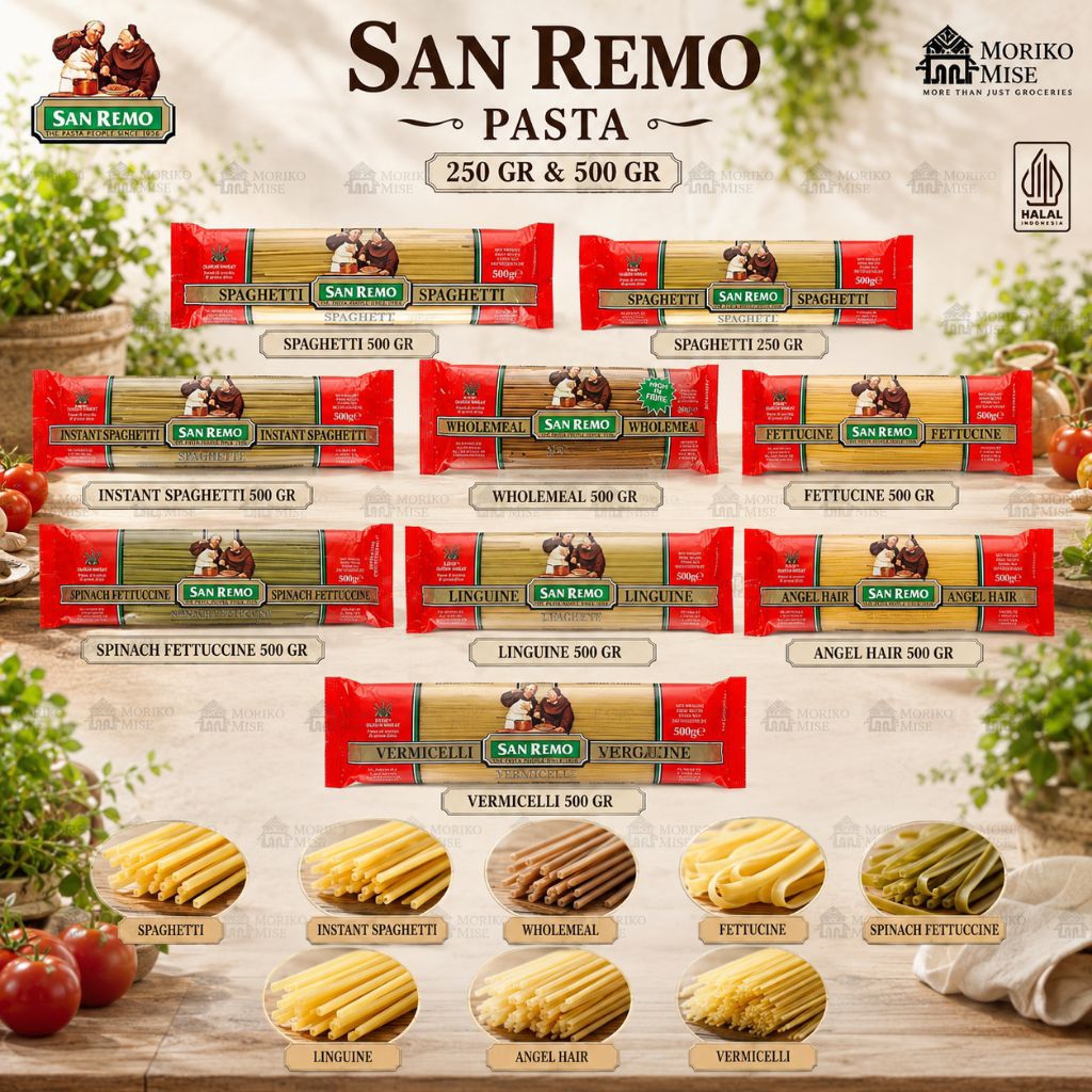 250 gr / 500 gr [ San Remo Pasta ] Spagetti Instant Spinach Fettucine Ange Hair Linguine Vermicelli 