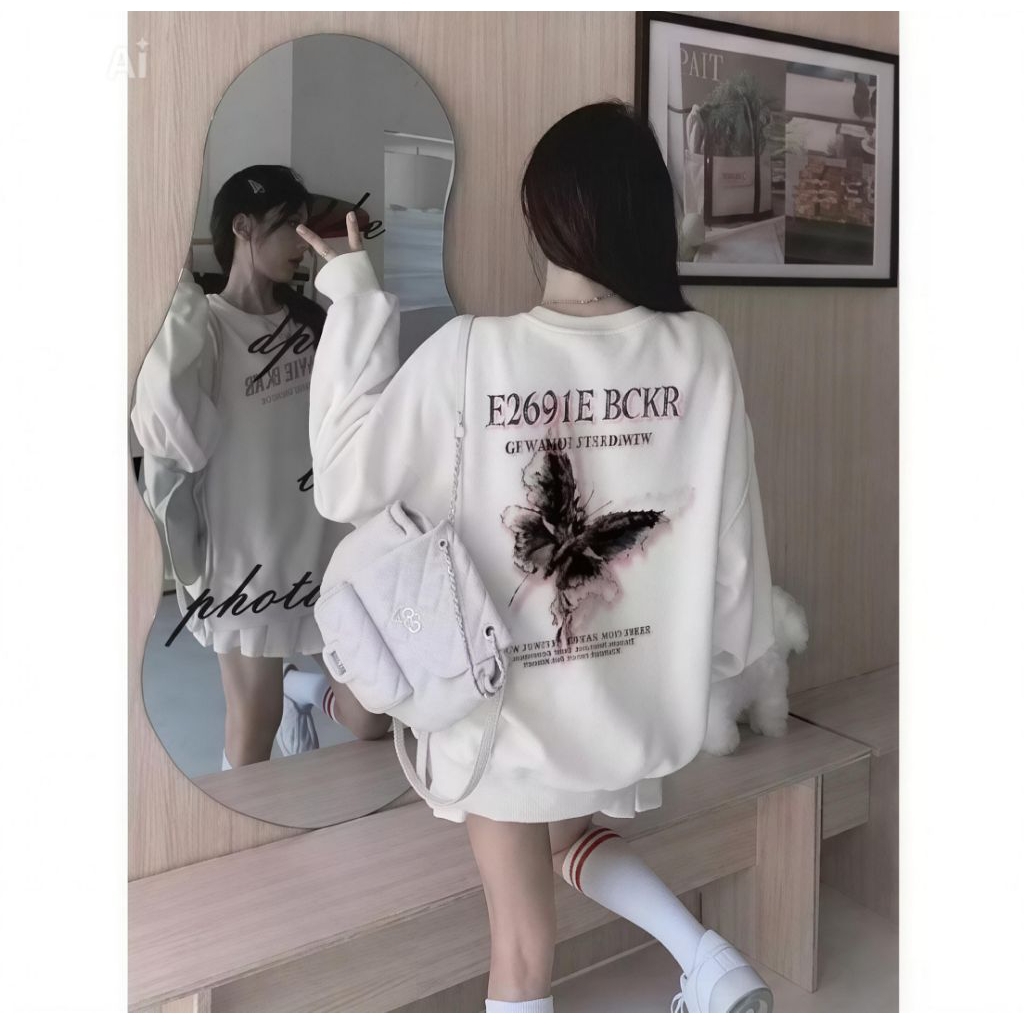 Sweater crewneck Crewneck oversize butterfly wanita