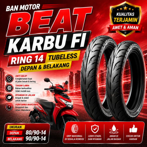 Ban Luar Motor Matic Honda Beat Karbu Fi Ring 14 Ukuran 80/80-14 80/90-14 Paket Depan Belakang Hemat