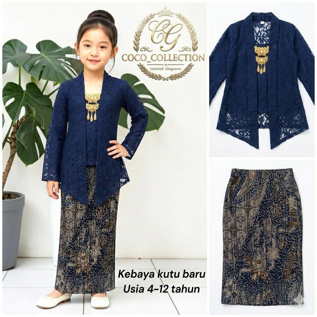 Kebaya Kutu Baru Anak 4-12 Tahun Motif Batik Dan Kain Lace Biru Elegan