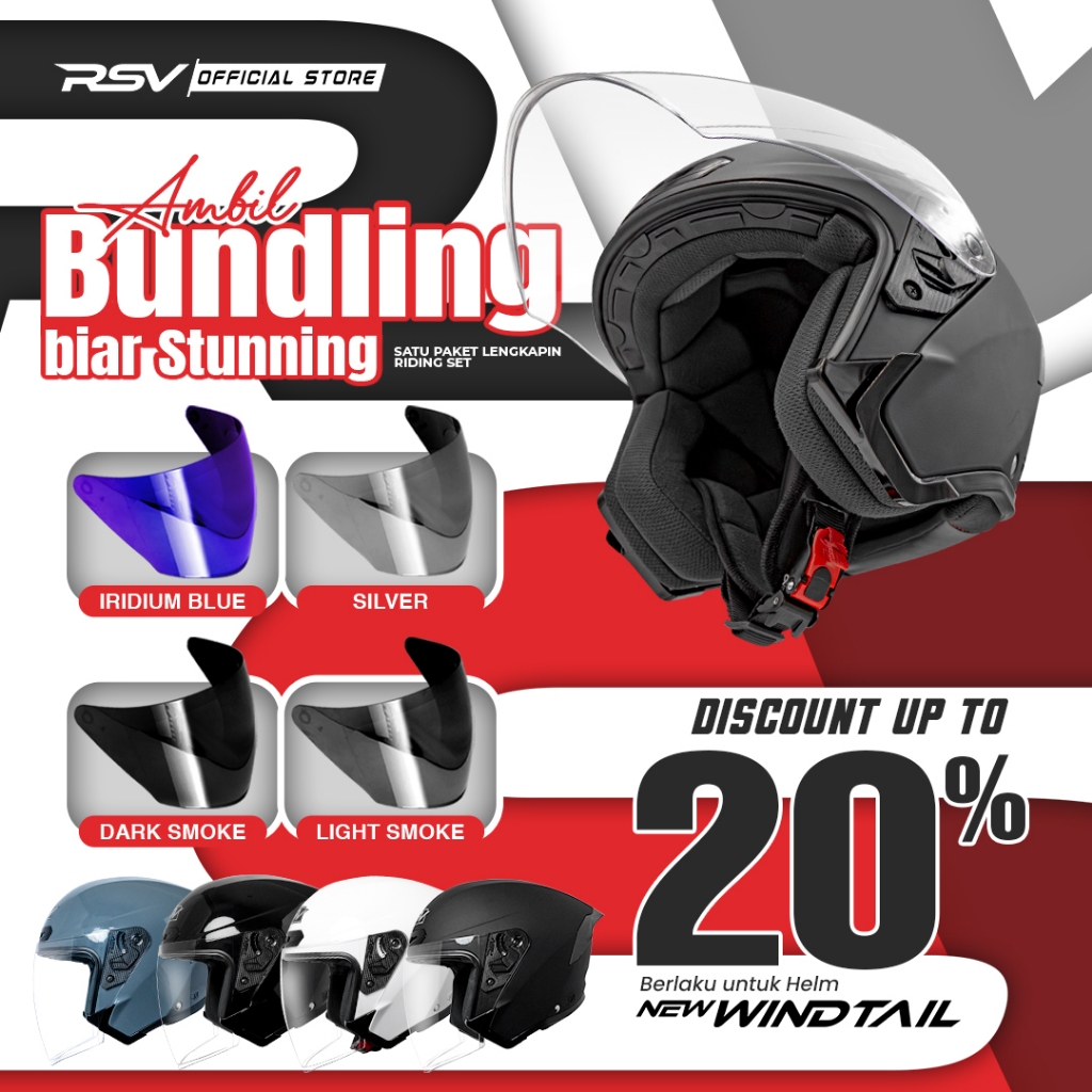 (Bundle) Helm RSV New Windtail Series + Extra Visor Warna (Smoke/Iridium) – Half Face Unisex RSV