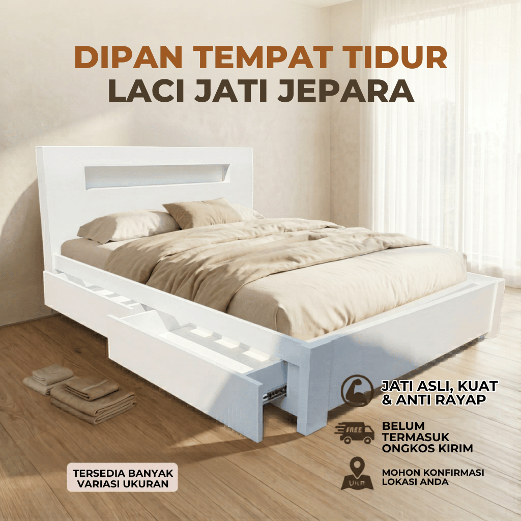 Tempat Tidur Dipan Laci Kayu Jati Warna Duco Putih Segala Ukuran