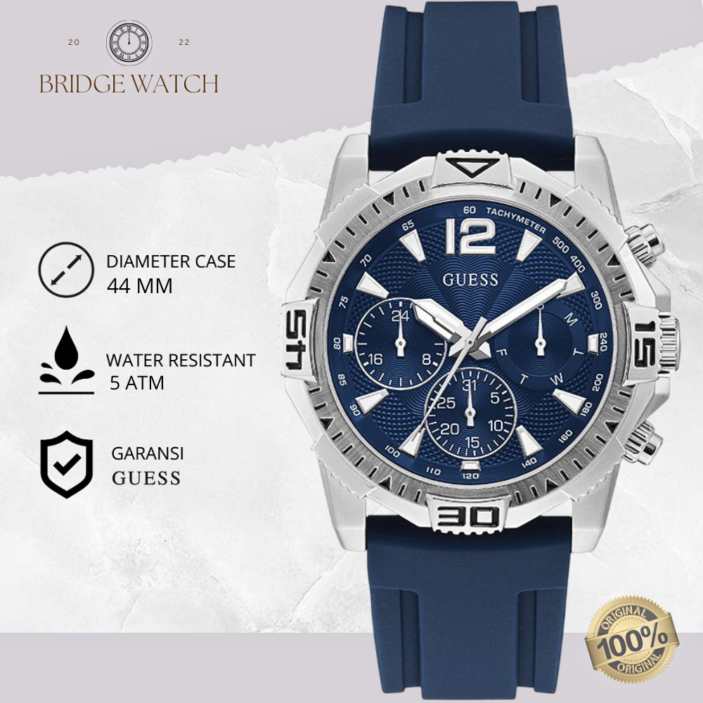 Jam Tangan Pria Guess Commander Sporty Chronograph Day Date Blue Rubber Casual Original GW0211G1