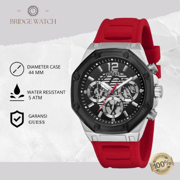 Jam Tangan Pria Guess Momentum GW0263G3 Chronograph Red Rubber Black Dial Casual Sporty Original