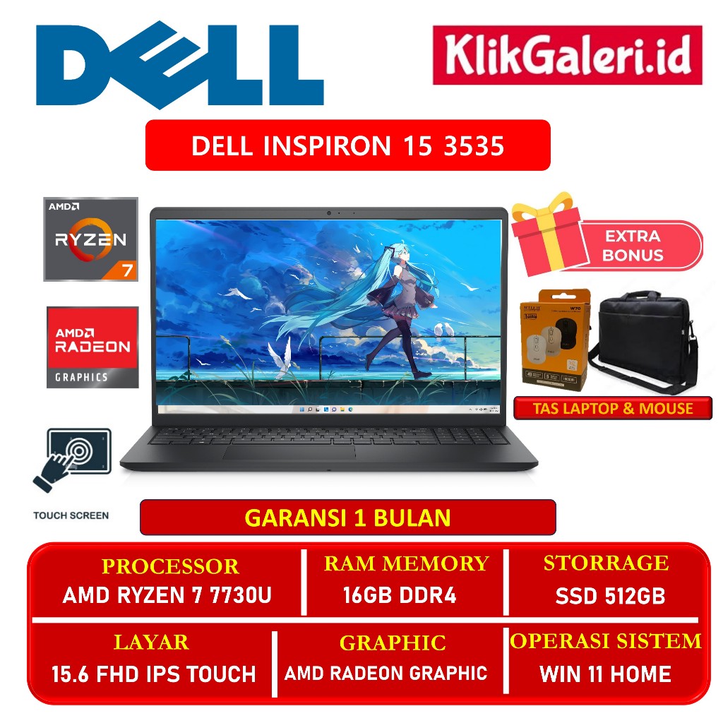 LAPTOP SECOND - Dell Inspiron 15 3535 AMD Ryzen 7-7730U RAM 16GB 512GB SSD 15.6 Inch FHD IPS Touch S