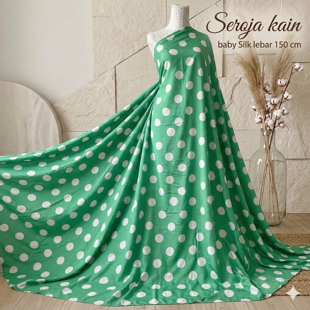 Kain Satin Silk Polkadot Hijau Putih - Lebar Kain 150cm Kyt