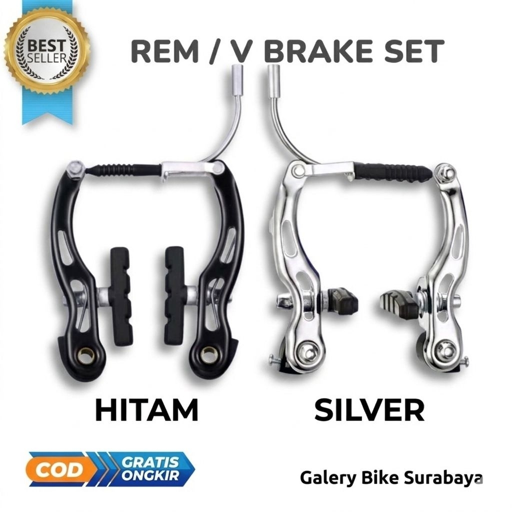 BIKE V brake rem sepeda set bmx lipat mtb u 1 set hitam silver depan atau belakang tanpa kabel kuat 