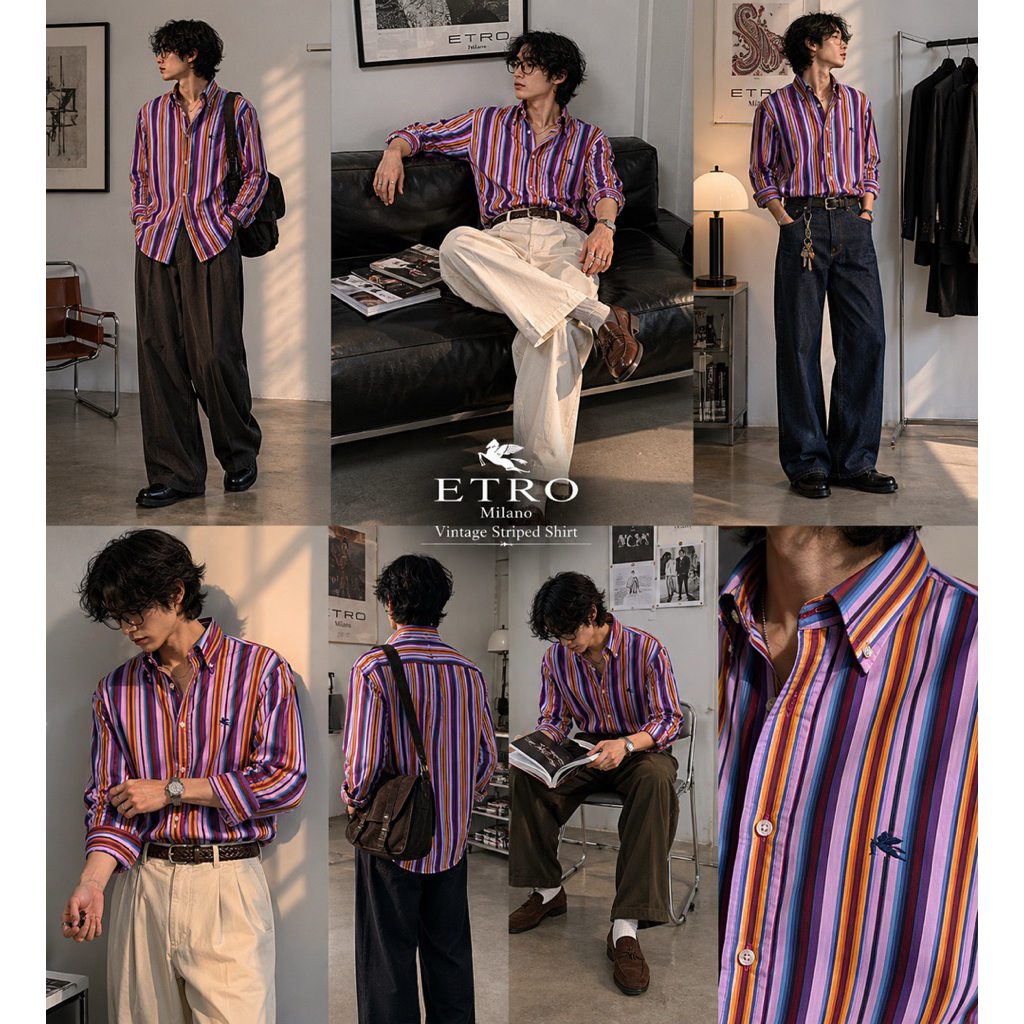 Vintage Etro Milano Italy Multicolor Stripe Shirts
