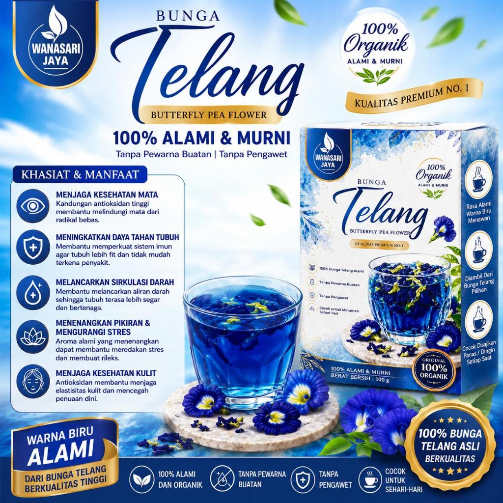 BUNGA TELANG KERING PREMIUM No.1 – WANASARI JAYA  Bunga telang pilihan dengan kualitas premium, dipr