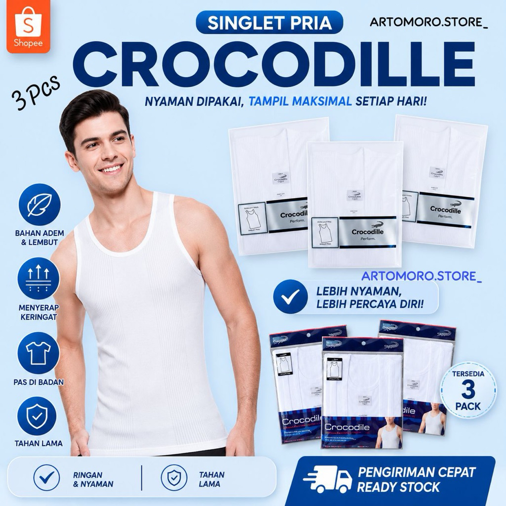 [ 3 pcs ] Singlet Crocodile 801 V Kaos Dalam Pria Putih Salur | Pakaian Dalam Pria Singlet Crocodile