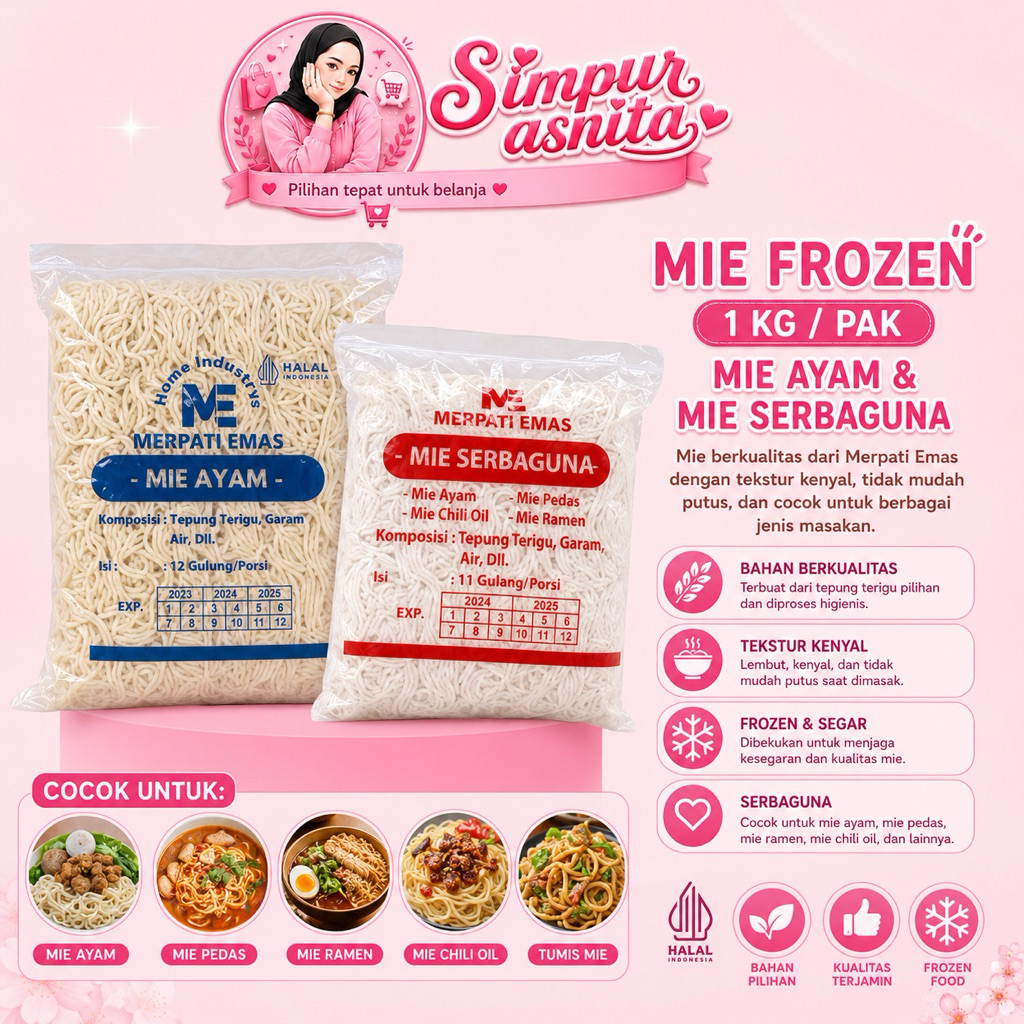 FROZEN mie ayam & mie gacoan mie serba guna 1kg / merpati emas