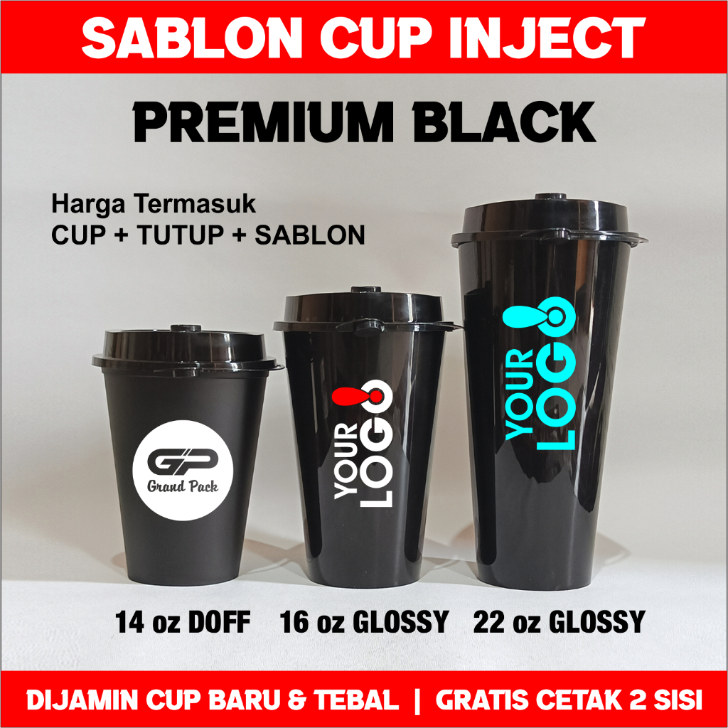 Sablon Gelas Cup PP Injection 14 oz Hitam | Cup PP Injection 400 ml